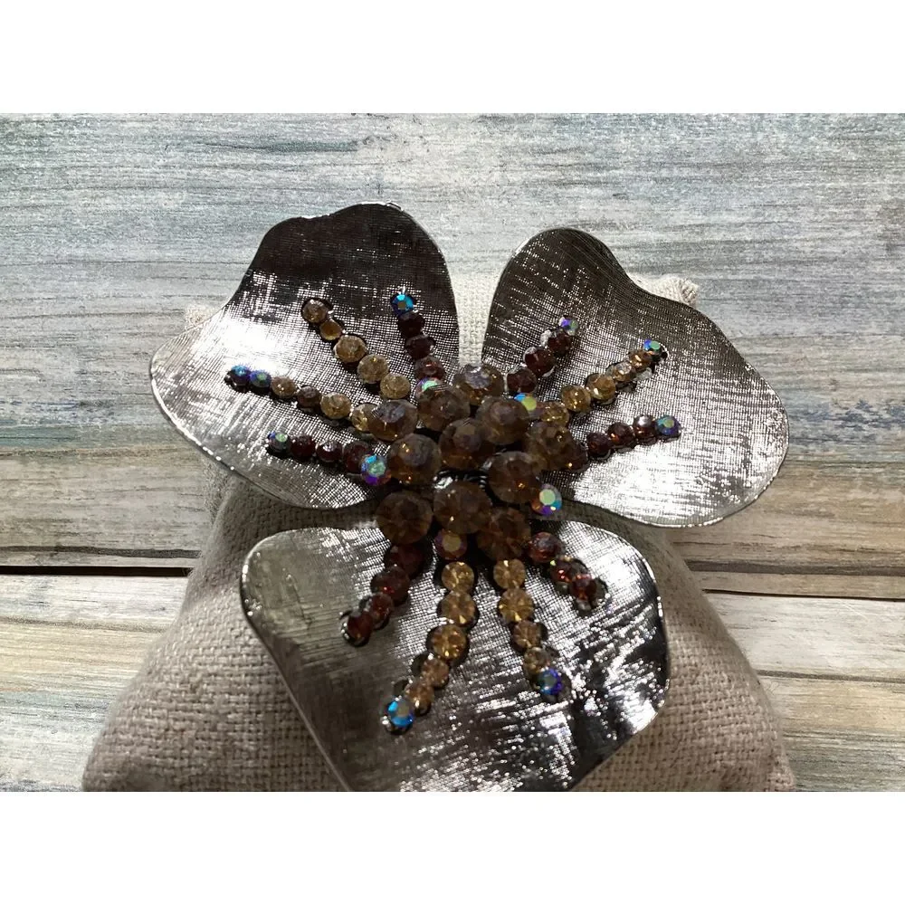 Erica Lyons Brooch pin Flower crystal beads Large silver tone Brown sparkle NWOT